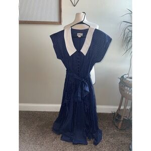 Robbie Bee Navy White Polka Dot Midi Dress Collar Tie Waist